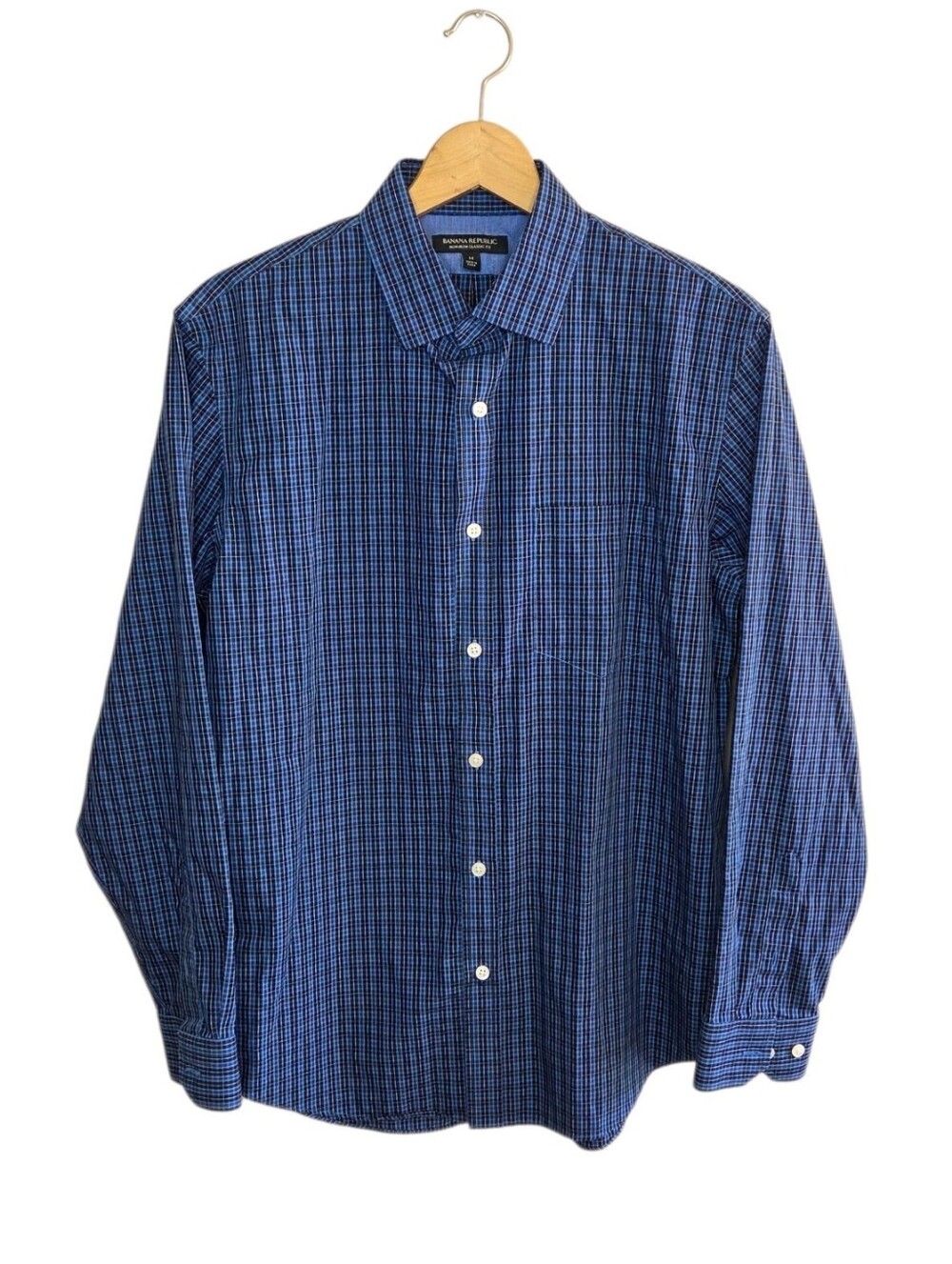 Banana Republic Blue Black Plaid Button Up Shirt NonIron Classic Fit Size Medium